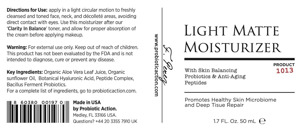 Probiotic Action® Light Matte Moisturizer - Probiotic bidra til å forhindre Acne, Rosacea og Eczema. Probiotika og Peptide opprettholder glød, mykhet og tetthet av klar hud.
