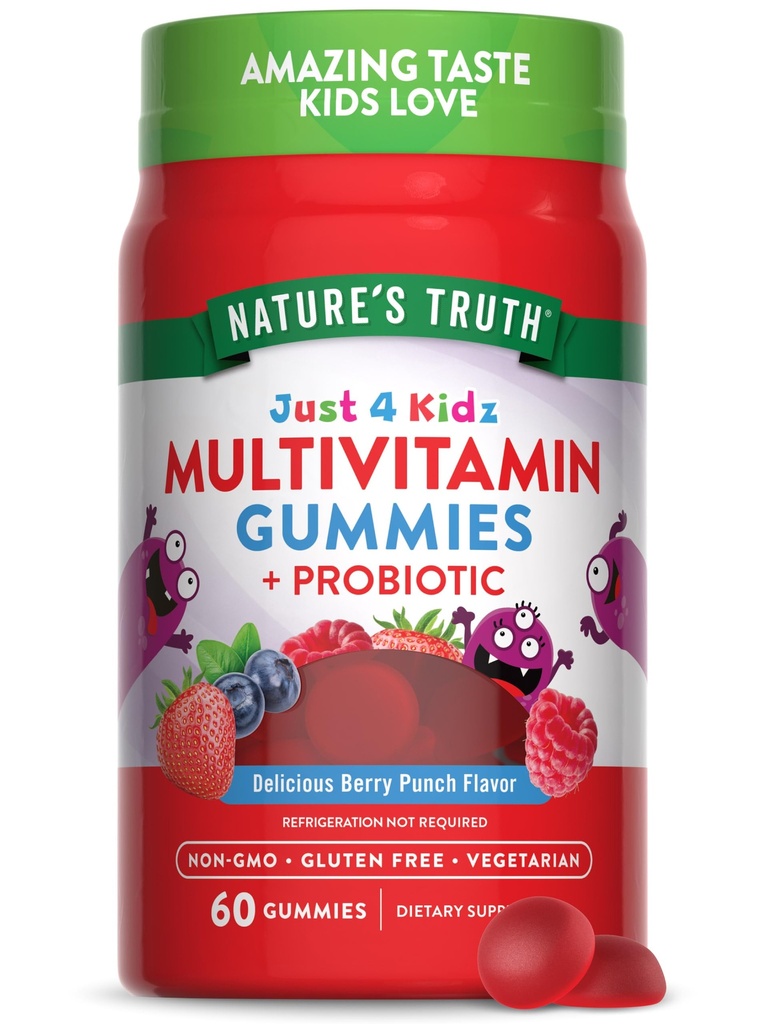 Naturens sannhet Kids Multivitamin Gummier med probiotika | 60 greve | Berry Punch Flavor | Vegetarisk, ikke-GMO, og Glutenfri Supplement