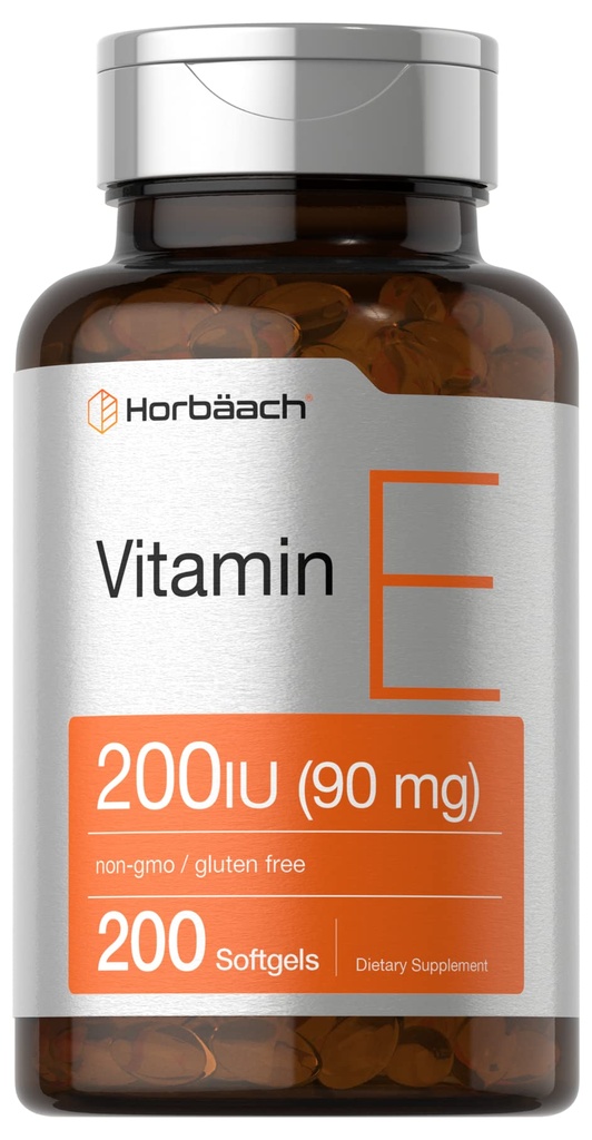 Horbäach Vitamin E Softgel Capsules 200 IE 90 mg Supplement | 200 greve | Ikke-GMO og Glutenfri formel