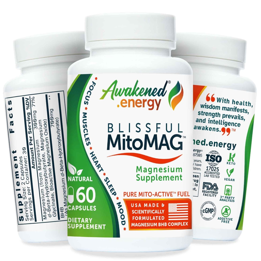 Glissful MitoMag – 300 mg Elemental Magnesium Complex: Mg Glycinate, Mg BHB - søvnmuskler Mood Energy Kognitivt fokus Rolig – Alt naturlig, USA laget, Ingen tilsetningsmidler – 60 Vegan Capsules Supplement