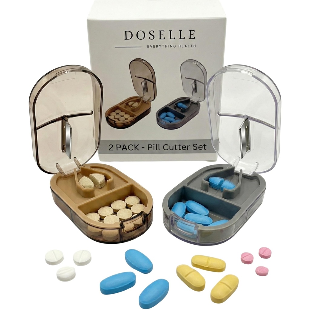 2PCS - Piller Splitter med minipilleboks - Piller til små eller store piller Professional - 4 Måte Piller Splitter 1/4 - Piller Splitter med senterenhet - Grå og brun