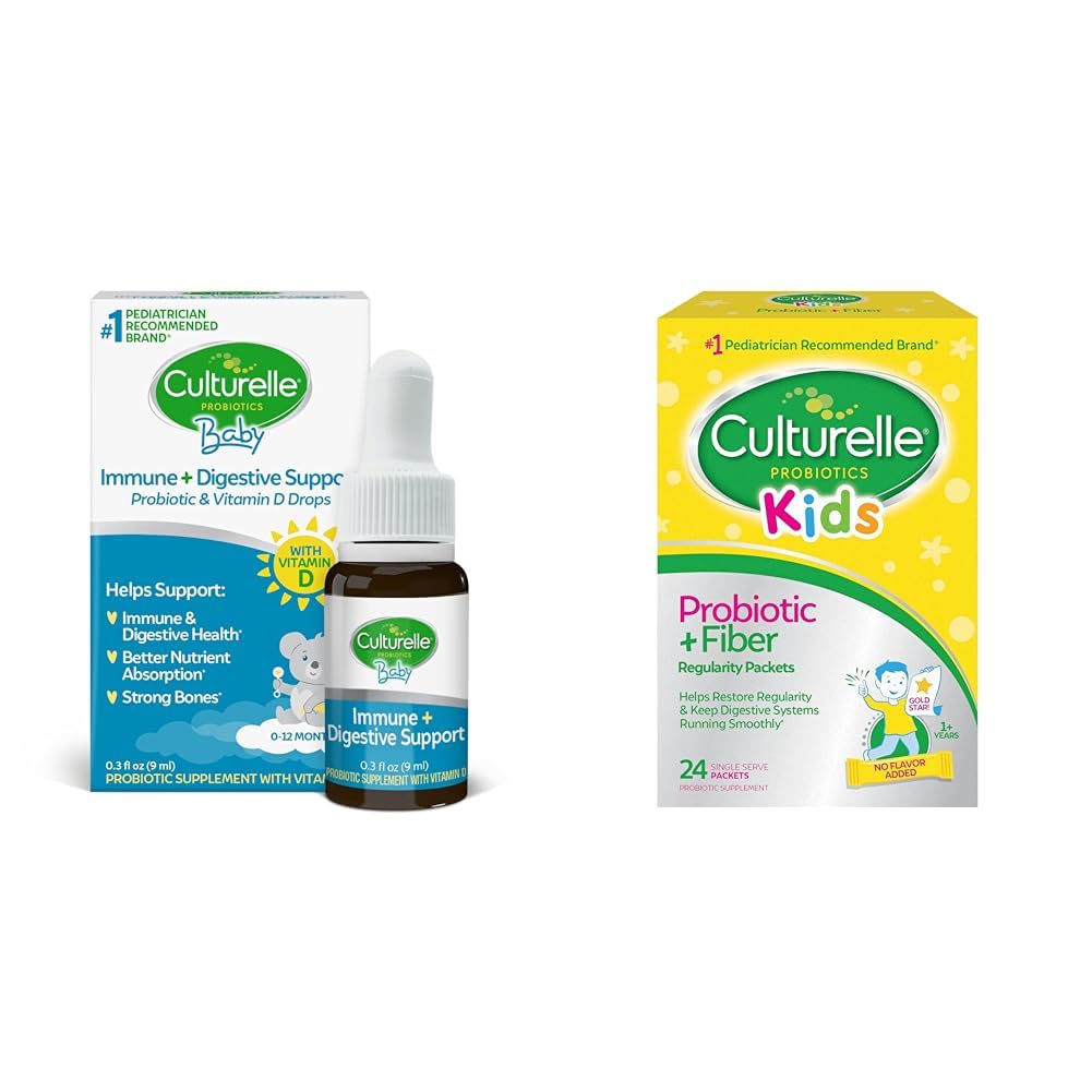 Culturelle Baby Immune & Digestiv Støtte Probiotiske + vitamin D-dråper, 30 dagers forsyning Barn Probiotiske + Fiber Packets, 24 greve