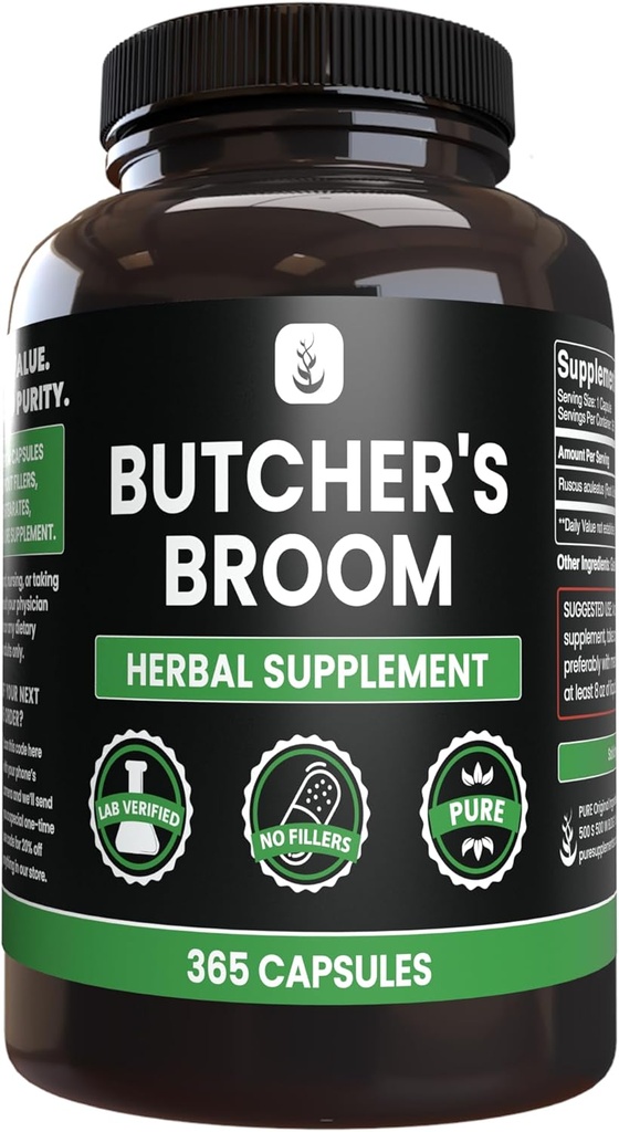 Pure Original Ingredienser Butcher's Broom (365 kapsler), ingen magnesium eller Rice Fillers, alltid ren, Lab verifisert