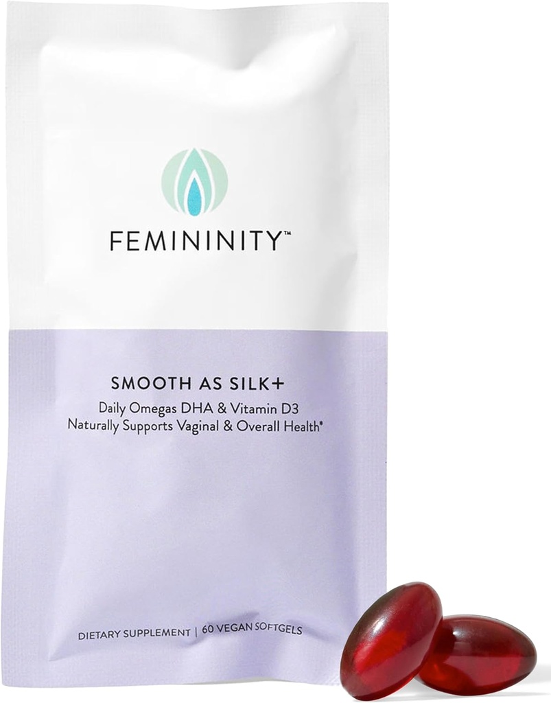 Femininitet glatt som silk + 30-dagers påfylling for Vaginal tørrhet (60 Softgels) – blanding av Sea Buckthorn olje, vitamin D3 og plantebasert Omega-3 DHA