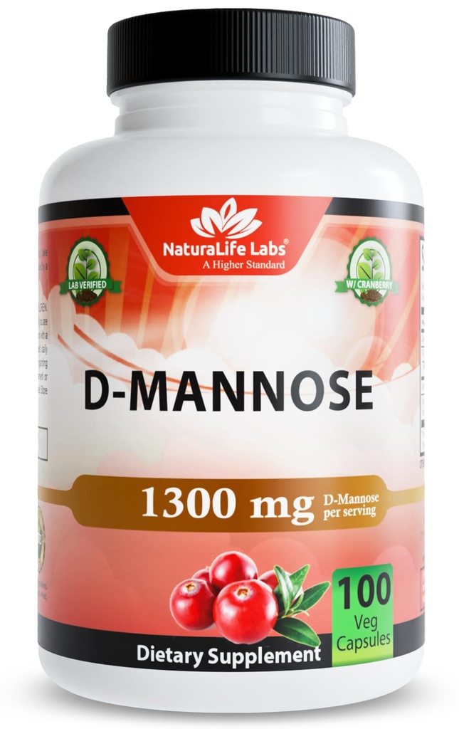 NaturaLife Labs Økologisk D-Mannose 1300 mg med organisk tranebærekstrakt 100 mg per servering – 100 kapsler – Ikke-GMO, Glutenfri, Vegan