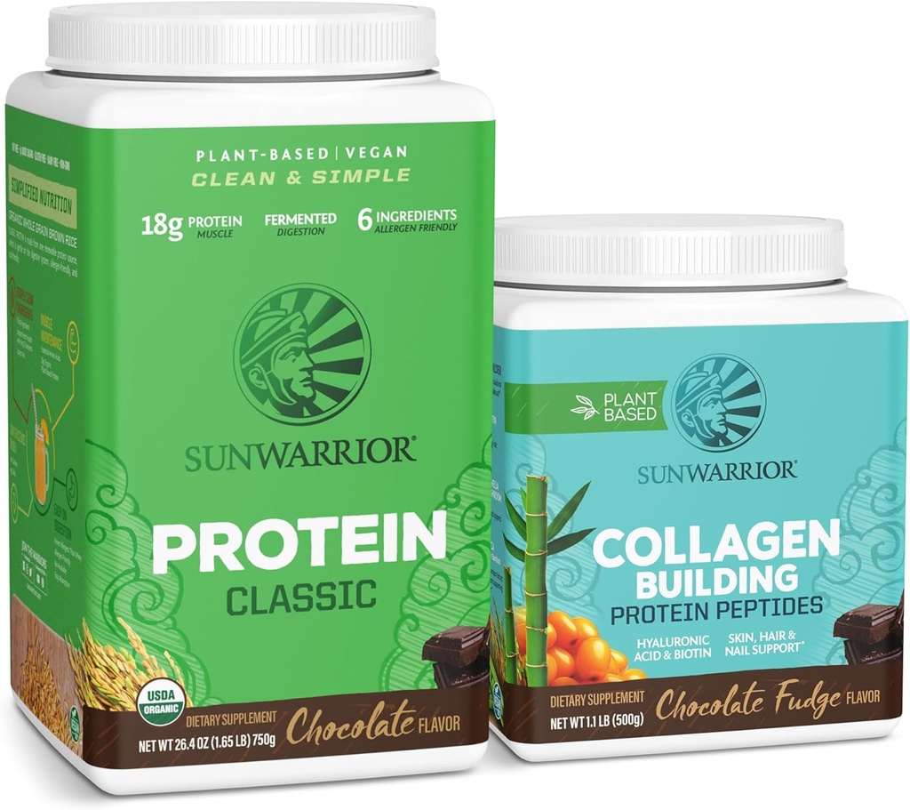 Sunwarrior Klassisk Vegansk Protein pulver | Plant-basert 30 serveringer, sjokolade og kollagen bygning pulver Hyaluronsyre | 20 serveringer, sjokolade flavored