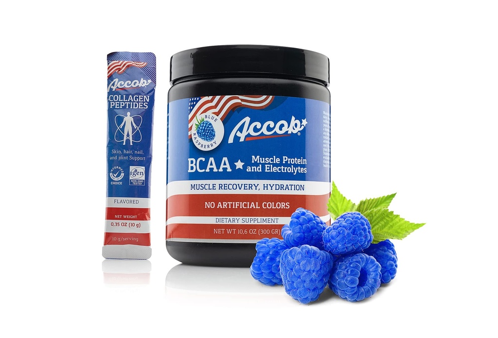 BCAA pulver blå bringebær-Pre eller post trening,Muskel gjenoppretting drikke med aminosyrer + elektrolytter,7,2g BCCA for menn og kvinner-30 serverer +10g av kollagen Peptides
