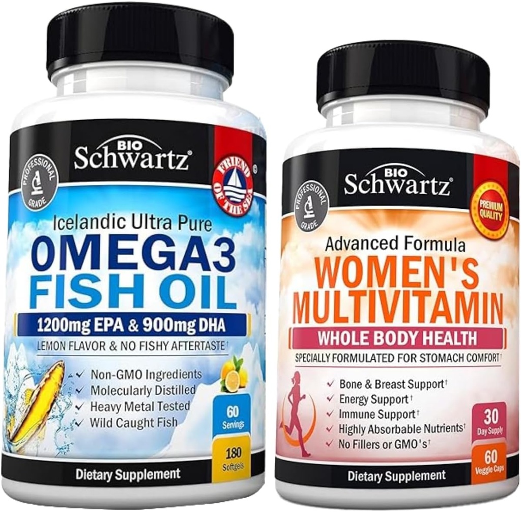 Daglig multivitamin for kvinner kapsler (1 måneds forsyning) Plus trippel styrke Omega 3 Fish Oil Softgels (2 måneders forsyning)