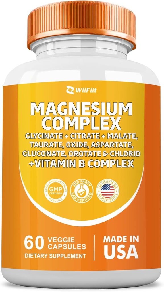 Magnesium Kompleks Supplement, Clycinate 141mg Oxid 228mg Malat 58.5mg Citrat 62.4mg med Orotate Glycina Taurate Klorid Aspartat Gluconate Vitamin B, Mineral Supplement 60 Kapsler