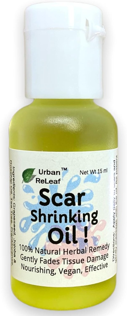 Urban ReLeaf Scar Krymping Oil ! forsiktig fades teuve skade, nourishing vegansk effektiv. Hjelper Keloids, bumps, hevede arr. 100% naturlig remedi.