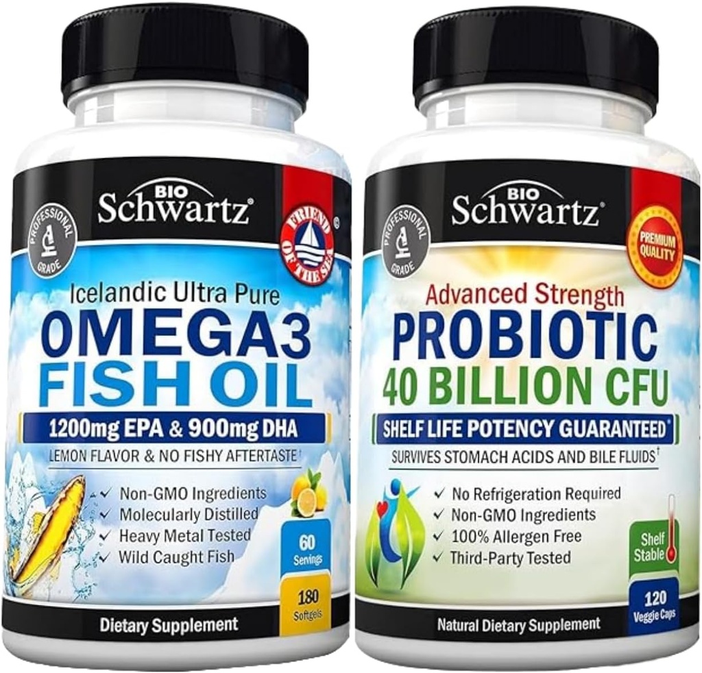 Trippel styrke Omega 3 Fish Oil Softgels (2 måneders forsyning) Plus 40 milliarder CFU daglig probiotiske kosttilskudd (2 måneders forsyning)