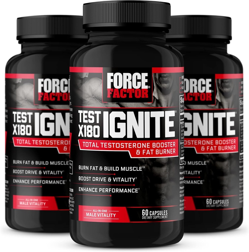 FORCE FACTOR Test X180 Ignite, Testosteron Booster & fettforbrenner for menn, Testosteron Supplement for å hjelpe bygge muskler, øke energi, og øke vitalitet og ytelse, 60 tel (pakke av 3)