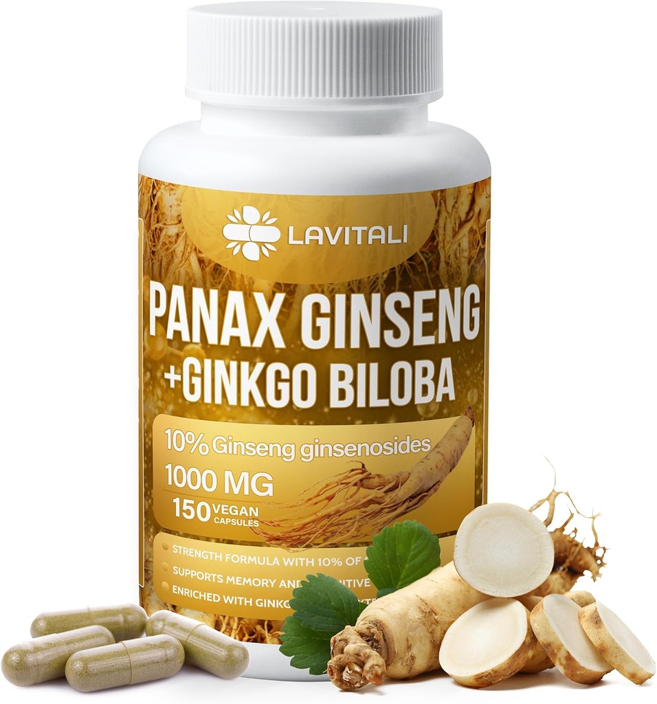 Ginseng & Ginkgo Biloba 150 Veggie kapsler, Energi Ginseng Root Extract pulver, med Ginkgo Biloba ekstrakt, 100% naturlig og ikke-GMO, Vegansk, Glutenfri, Dairy Free
