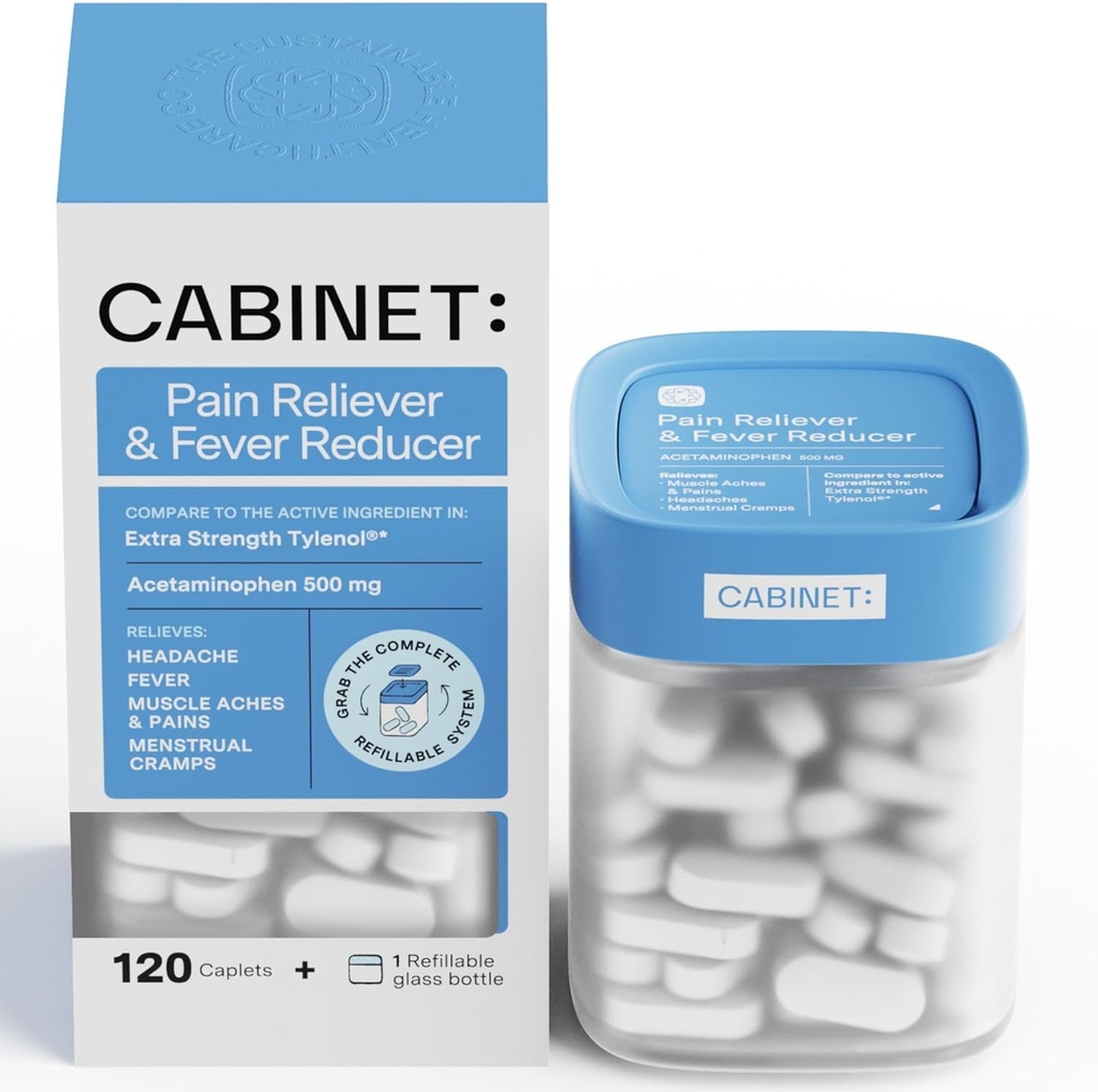 Cabinet: 500mg Acetaminophen for hodepine Relief, Toothaches, Sore Throat og Fever Reduser, inneholder 1 Påfyllbar medisin Jar, 120 tabletter (Starter Kit)