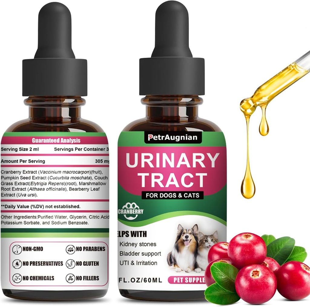 Cat & Hund urinveis infeksjon dråper med Cranberry & Natural UTI medisin - støtter Bladder + Kidney - beste forebygging inkontinens & Bladder Stones -Supplement Nyre Helsepleie Vitaminer