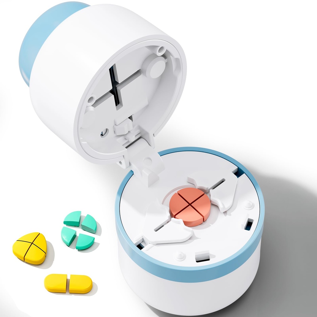 Pill Cutter - Pill Splitter med rustfritt stål Blade for å kutte små piller eller store piller i en fjerde, Pill Cutter 1/4, egnet for kutte vitaminer, tabletter (1-4 blå)