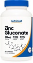 Nutricost Sink Gluconate 120 Vegetariske kapsler (50 mg) - Glutenfri og ikke-GMO