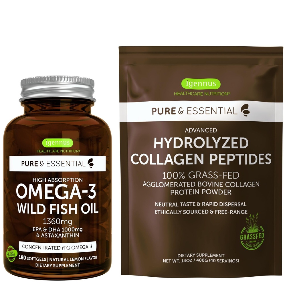 Høy absorpsjon Omega-3 Wild Fish Oil 1360mg & avansert Hydrolysert Collage Peptides Bundle, 1000mg EPA & DHA med Astaxanthin & 100% Grass Fed Bovine Collage Protein pulver, av Igennus