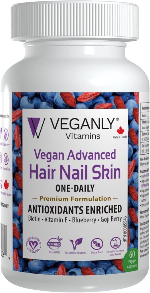 Vegan Advanced Hår Nail Skin One-Daily, 60 Veggie Caps -Antioxidant Enriched. Forbedre håret, forbedre hudens helse og negle helse - Plant basert med Biotin & Natural Superfood