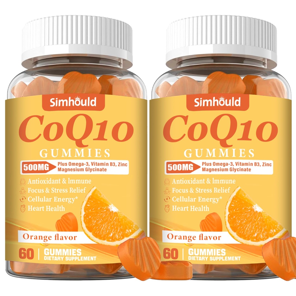 2 Pack CoQ10 500MG Gummies - Plus Omega-3, Magnesium, Vitamin B3 & Zinc - 3X Bedre absorpsjon Coenzym Q10 Kosttilskudd for hjertehelse, cellulær energi og antioksidant, ikke-GMO 120 greve