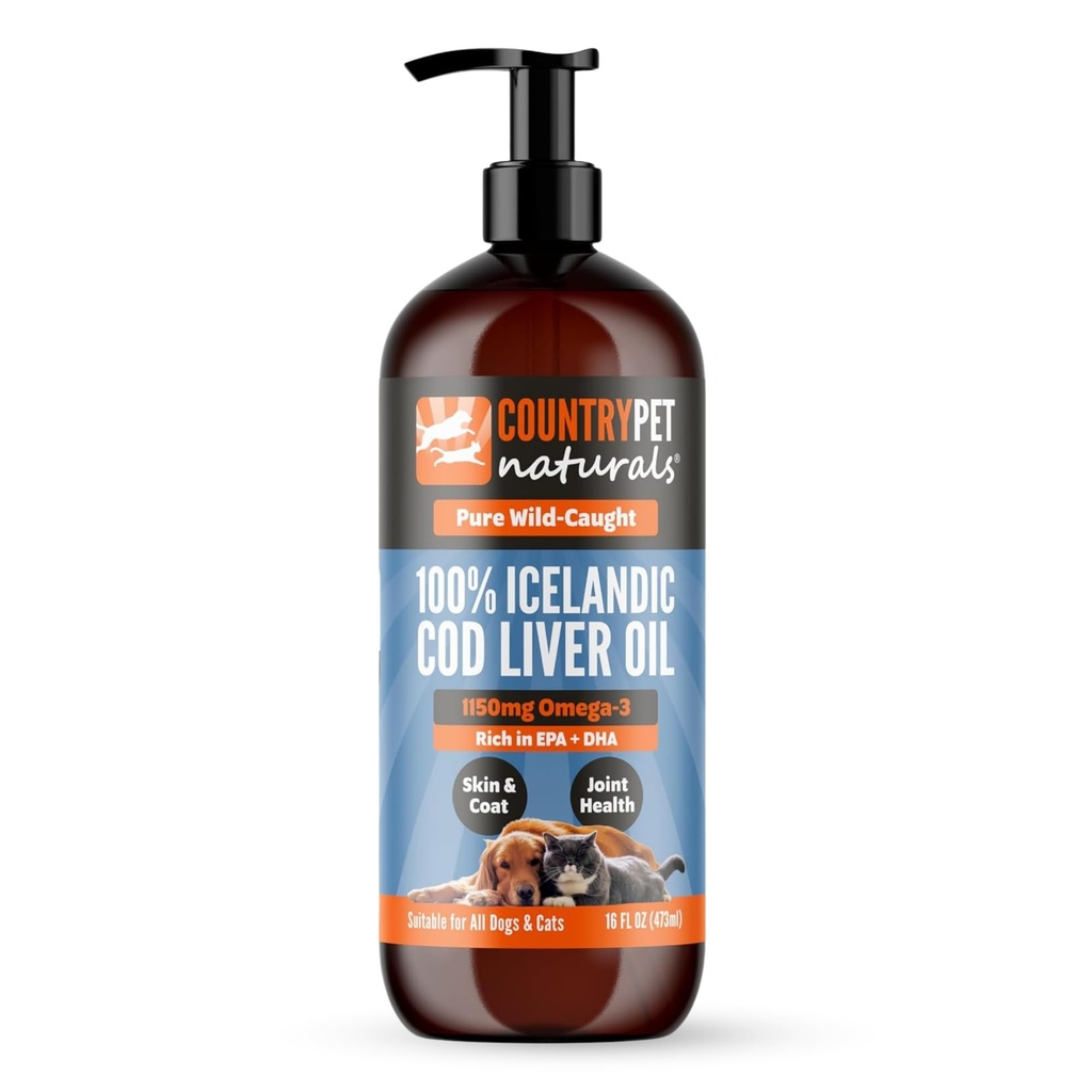 Wild Caught ren cod leverolje 16oz Høyeste Omega 3 1150mg / tsp, høyeste renhet, høy EPA / DHA, vitamin A & D - Reduserer kløe, sunn hud & coat, mobilitet, BPA-fri, pumpe inkl.