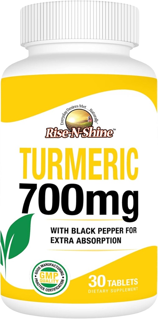 Rise-N-Shine 700 mg gurkemeie curcumin med svart pepper - Herbal Kosttilskudd for hud og felles støtte - 30-dagers levering