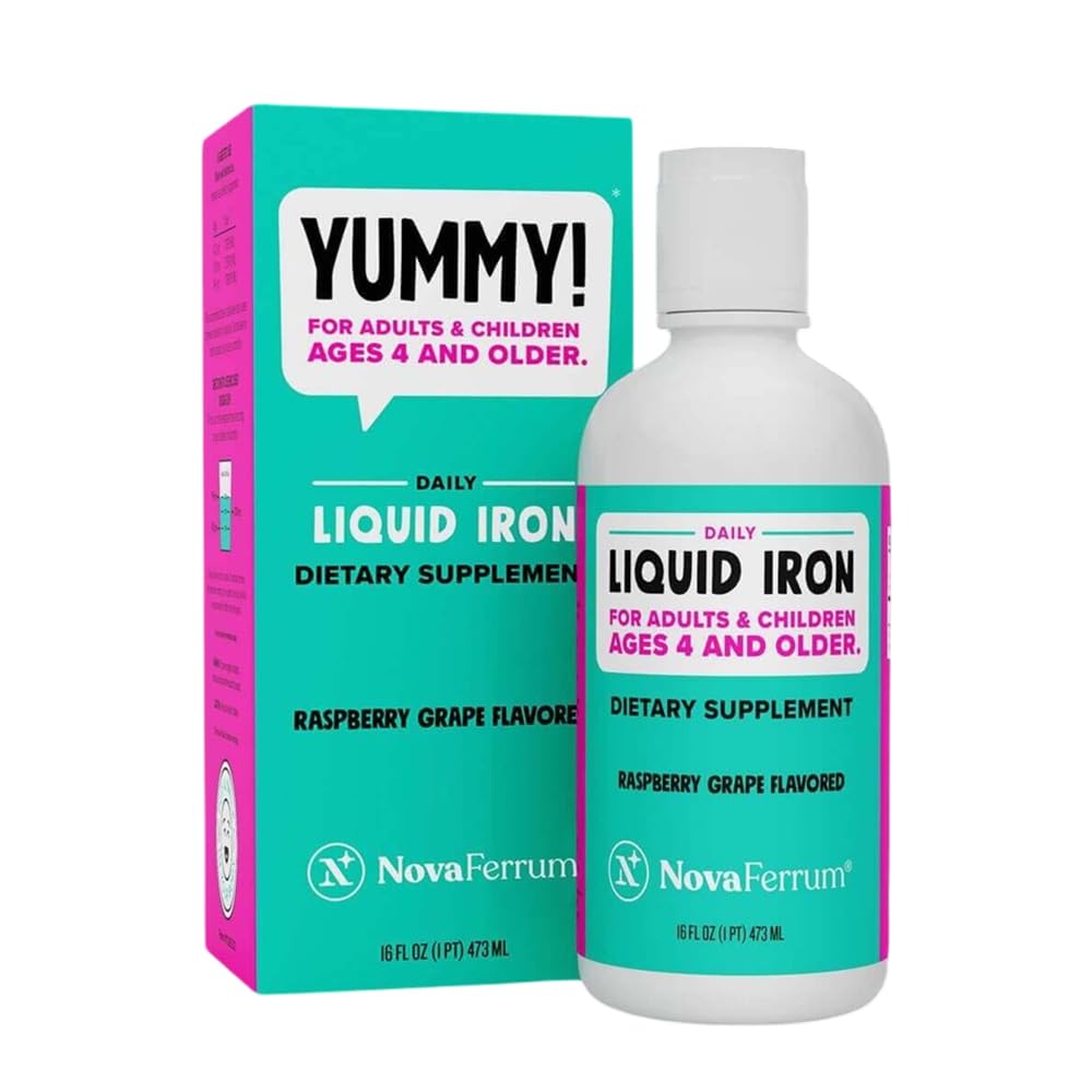 NovaFerrum Yummy 16 Fl Oz  Liquid Væske jern Supplement for aldre 4 og opp | 18 mg jern / ss | Glutenfri | Sukker-fri | bringebær Grape