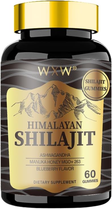 WXW Himalayan Shilajit Gummies, 60 greve, Blåbær Flavor, Støtter etter trening gjenoppretting, Immunsystem, Digestion, Sinn og minne, Sunn hjerte, Kognitive Abilities (1 flaske, Gold Shilajit)