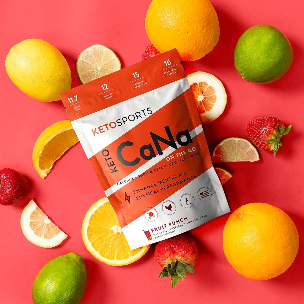 KetoSports New KetoCaNa GO (Fruit Punch) Single Server Dietary Ketone Supplement for fysisk og mental ytelse, keto og paleo-vennlig, naturlig søt og flavored 16 Stick Packs