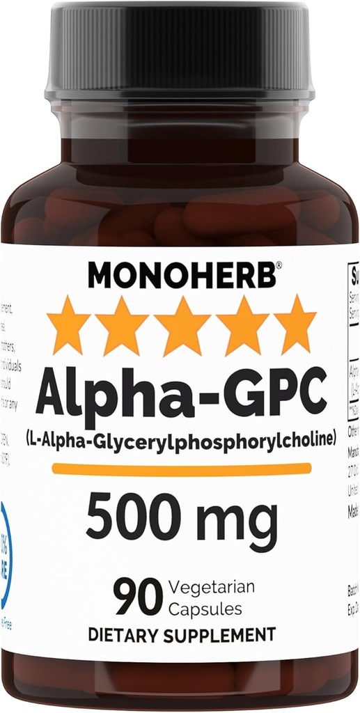 MONOHERB Alpha-GPC 500 mg - 90 Vegan Capsules, Nootropic for hjernestøtte, fokus, minne, motivasjon og energi