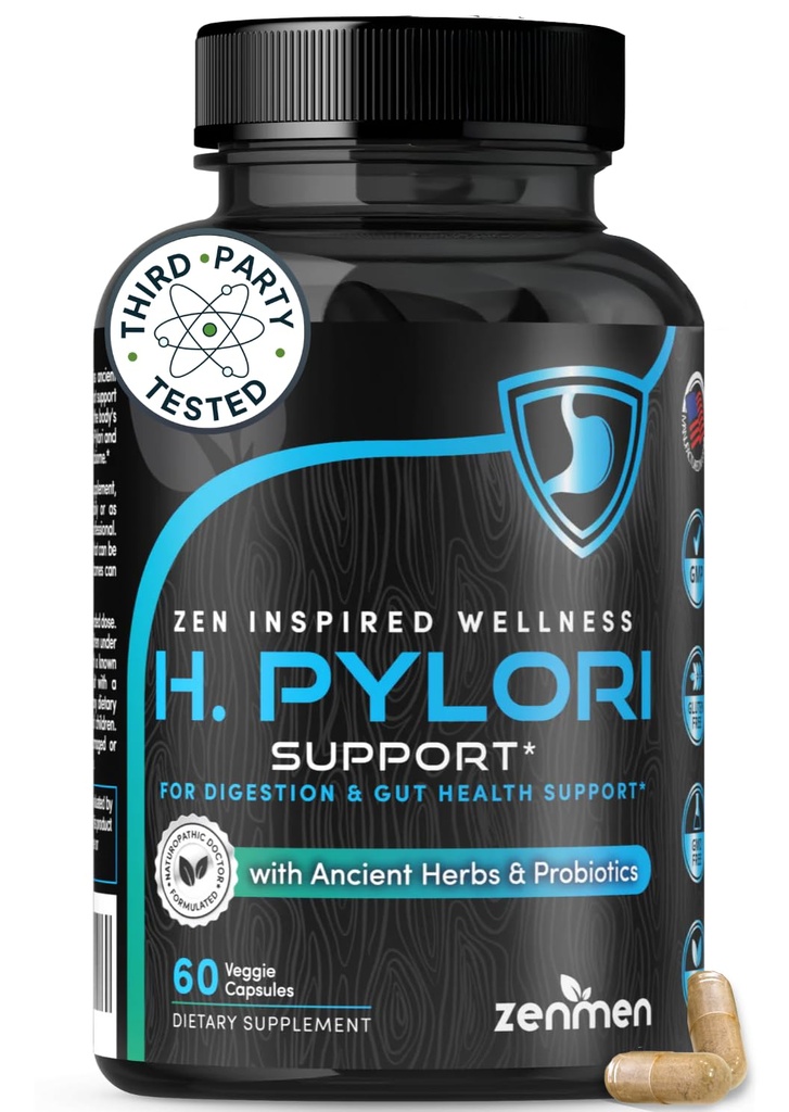 Zenmen H. Pylori støtte | Lactobacillus Reuteri probiotic med Mastic Gum for Digestion & GI Health - Tredjeparts testet, 60 Vegan Capsules, laget i USA