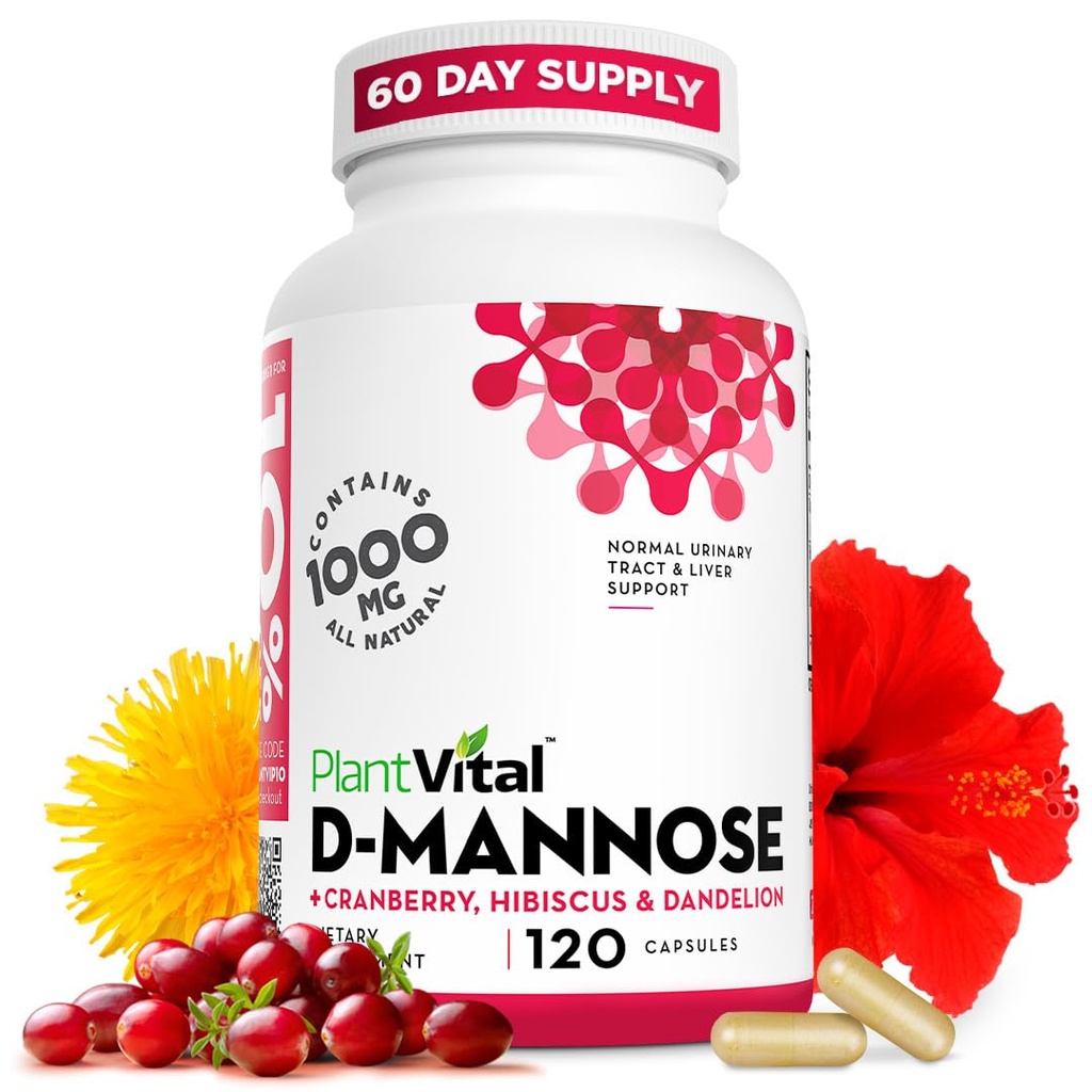 Plantvital D Mannose kapsler med tranebær - D-mannose 1000mg kapsler - høy styrke for bladder, nyre og urinveistrakt støtte. Tranbærpulver med Hibiscus og Dandelion. 2 måneders forsyning