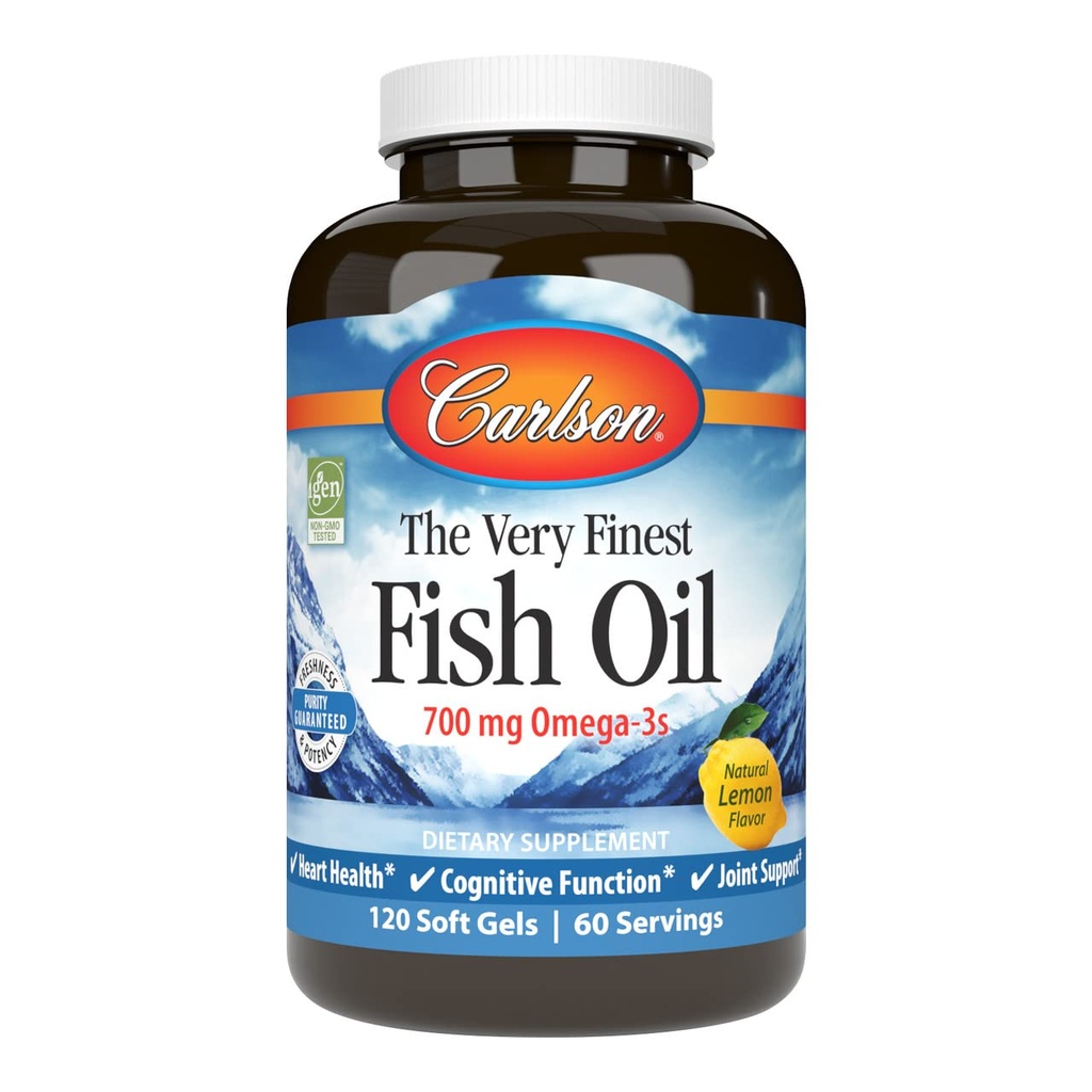 Carlson - Den aller fineste fiskoljen, 700 mg omega-3s, norsk fiskeolje supplement, Wild Caught Omega-3 Fish Oil, Sustainly Sourced Fish Oil Capsules, Omega 3 Supplement, sitron, 120 Softgels