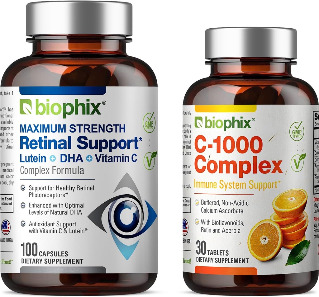 Biophix Retinal Support Maksimal styrke kompleks formel 100 kapsler - Gratis C-1000 30 tabletter - Sink Vitamin C E Lutein DHA Omega-3 Astaxantin Hyaluronsyre - støtter øyesyn helse