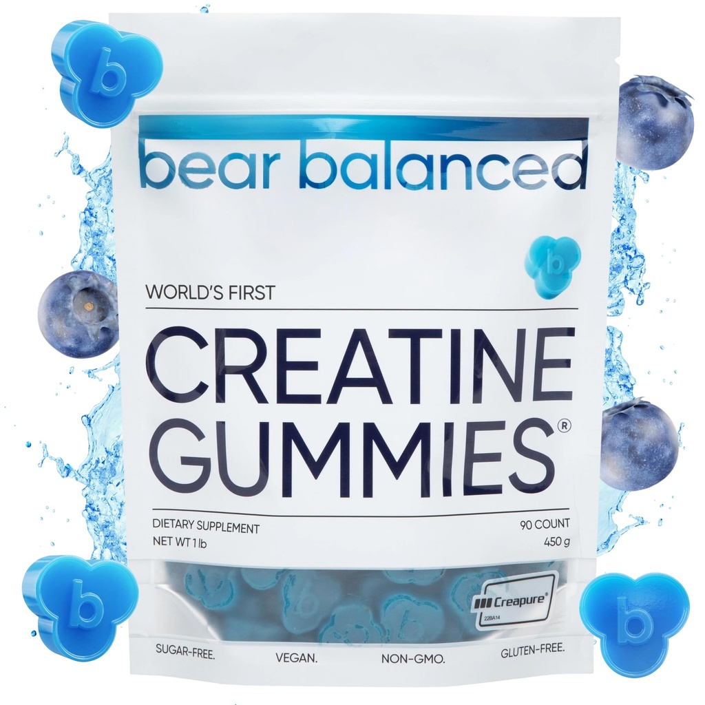Bear Balanced Kreatin Gummies for menn og kvinner - Creapure® Kreatin Monohydrat, L-Theanine, L-tyrosin og B12 for muskelvekst, styrke, fokus, energi og helse - lav kalorie, sukkerfri, & vegan
