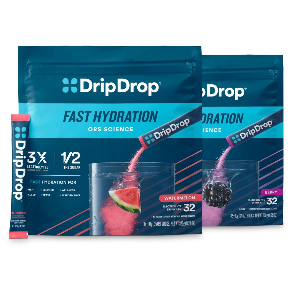 DripDrop Hydration - Electrolyte Powder Packets - Vannmelon & Berry - 64 Count