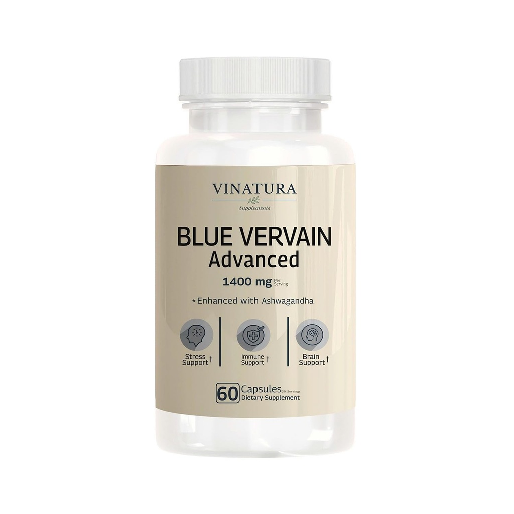VINATURA Blå Vervain Avansert med Ashwagandha - 1400mg per server, Blå Vervain Kapsler, Blå Vervain Te Alternativ, Hjernehelse, Stress Relief, Ashwagandha Supplement - 60 Kapsler