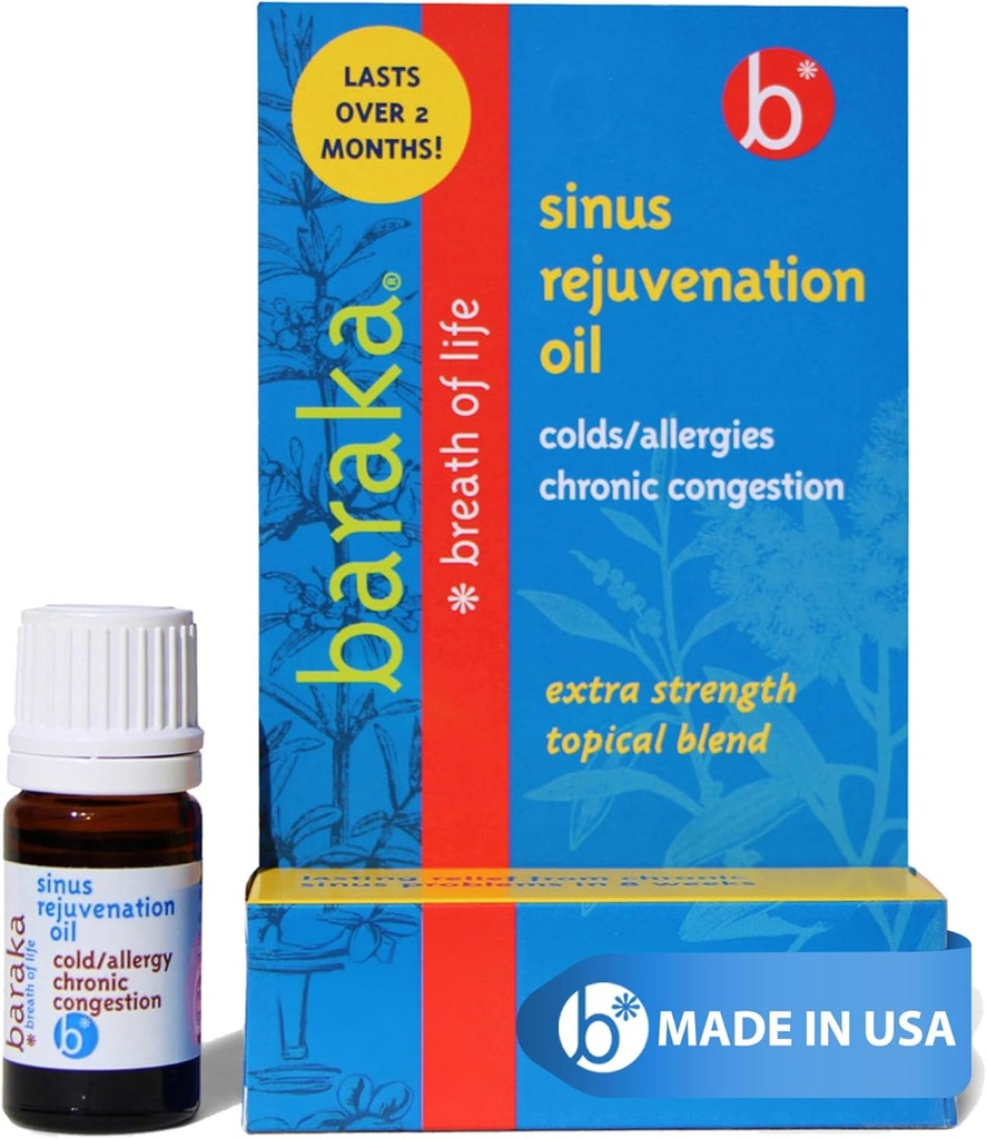 Baraka Sinus Rejuvenation Olje - Blanding av 6 organiske essensielle oljer for klar Nasal pustende, Eases Sinus trykk, og tilbyr avslappende nasal helsestøtte  enhver dag – 4ml (1-Pack)