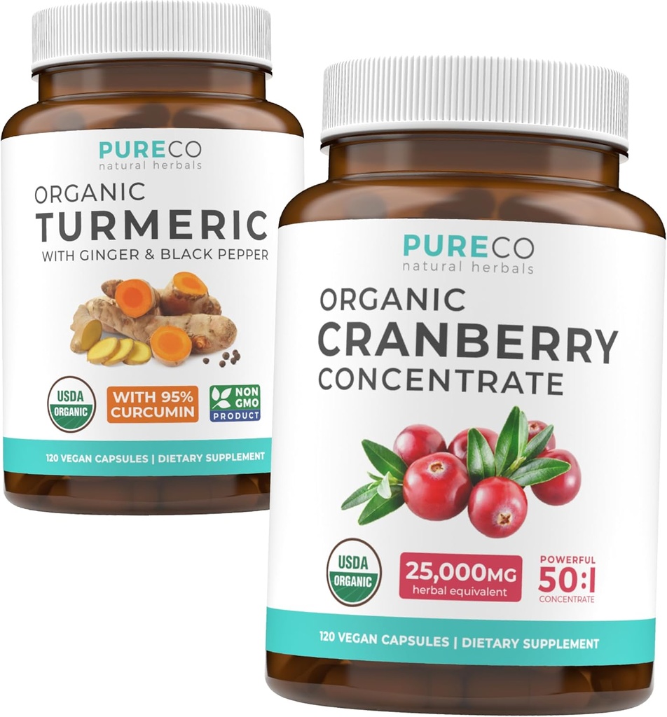 Turmerisk og tranebær konsentrat (4-måneders forsyning) Cranberry Curcumin Bundle av organisk gurkemeie curcumin med svart pepper og ginger (120 Caps) & organisk Cranberry Concentrate 50:1 Extract (120 Caps)