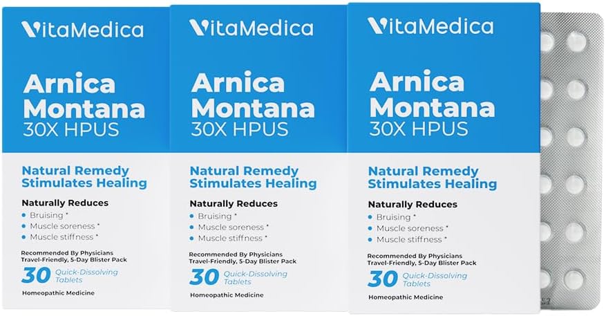VitaMedica Arnica Montana Blemster Pack 30X Tabletter for å miste smerte og heve | Plant Basert Formel | Anbefalt av plastikkkirurgi | Naturlig gjenoppretting kirurgi eller skade | 3 Pack | 45 Serveringer