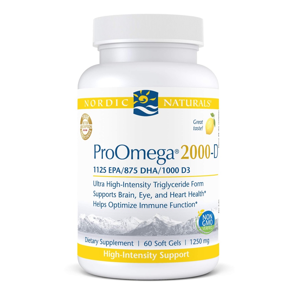 Nordic Naturals ProOmega 2000-D - Fish Oil, 1125 mg EPA, 875 mg DHA, 1000 IE vitamin D3, kardiovaskulær, nevrologisk, øye og immun helse, sitronflavor, 60 myk geler