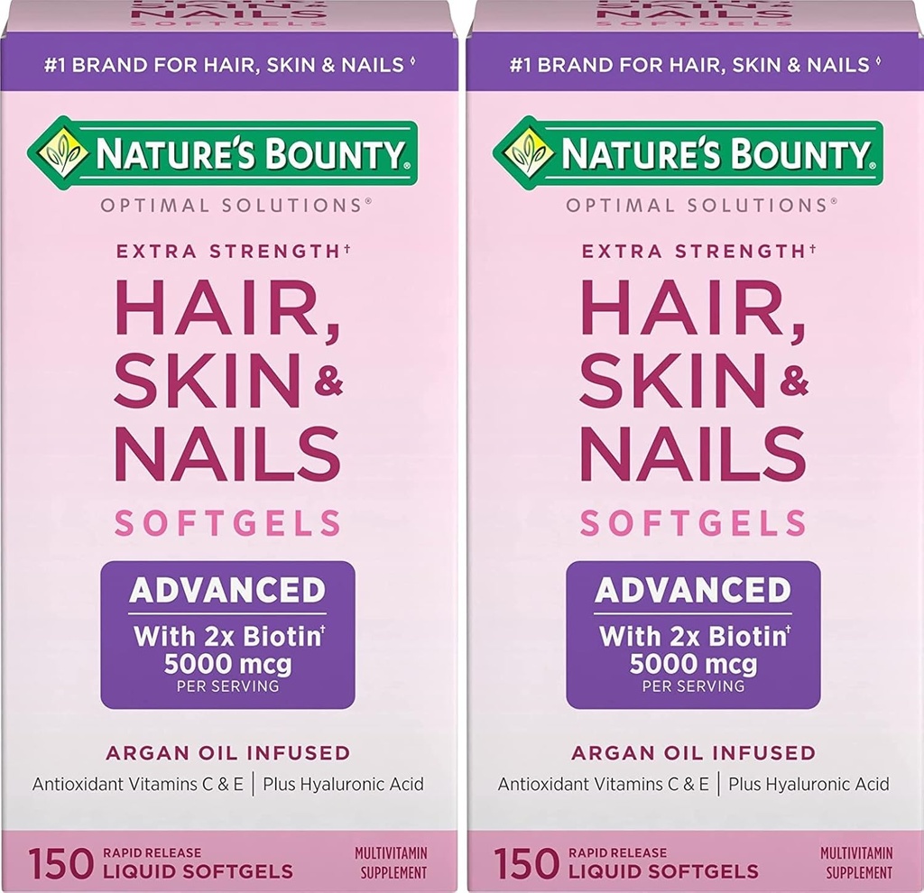 Naturens Bounty hår, hud og negler Rapid release Softgels, Argan-infisert vitamin Supplement med Biotin og hyaluronsyre, støtter hår, hud og negle helse for kvinner, 150 greve (Pack of 2)