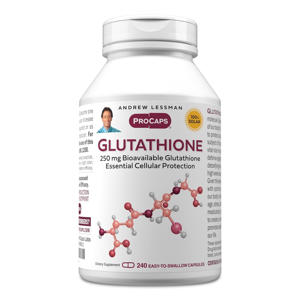 ANDREW LESSMAN Glutation 250 mg - 240 kapsler - Kraftig antioksidant, reduserer oksidativ stress. Biotilgjengelig, Beskytter Cells, Utstyr, Organer. Støtter immunhelse. Lett å kaste kapsler.