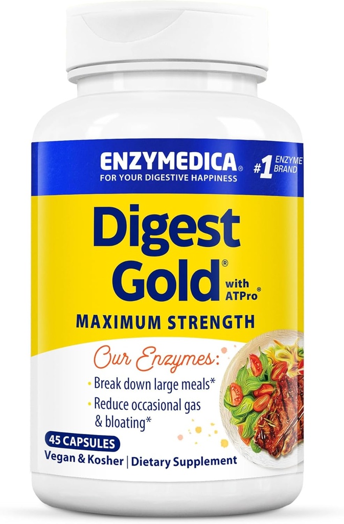 Enzymedica Digest Gold + ATPro, maksimal styrke Enzyme formel, hindrer blooting og gass, 14 nøkkelenzymer inkludert Amylase, protease, lipase og Lactase, 45 kapsler (FFP)