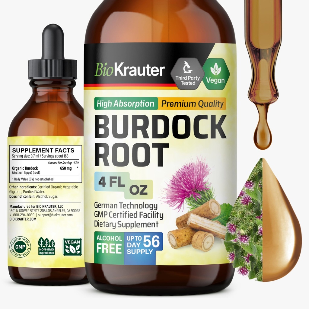 BIO KRAUTER Burdock Root Tinktur - Antioksidant støtte væske Supplement - Burdock Root Extract - alkohol og sukker gratis - Vegan Drops 4 Fl.Oz.