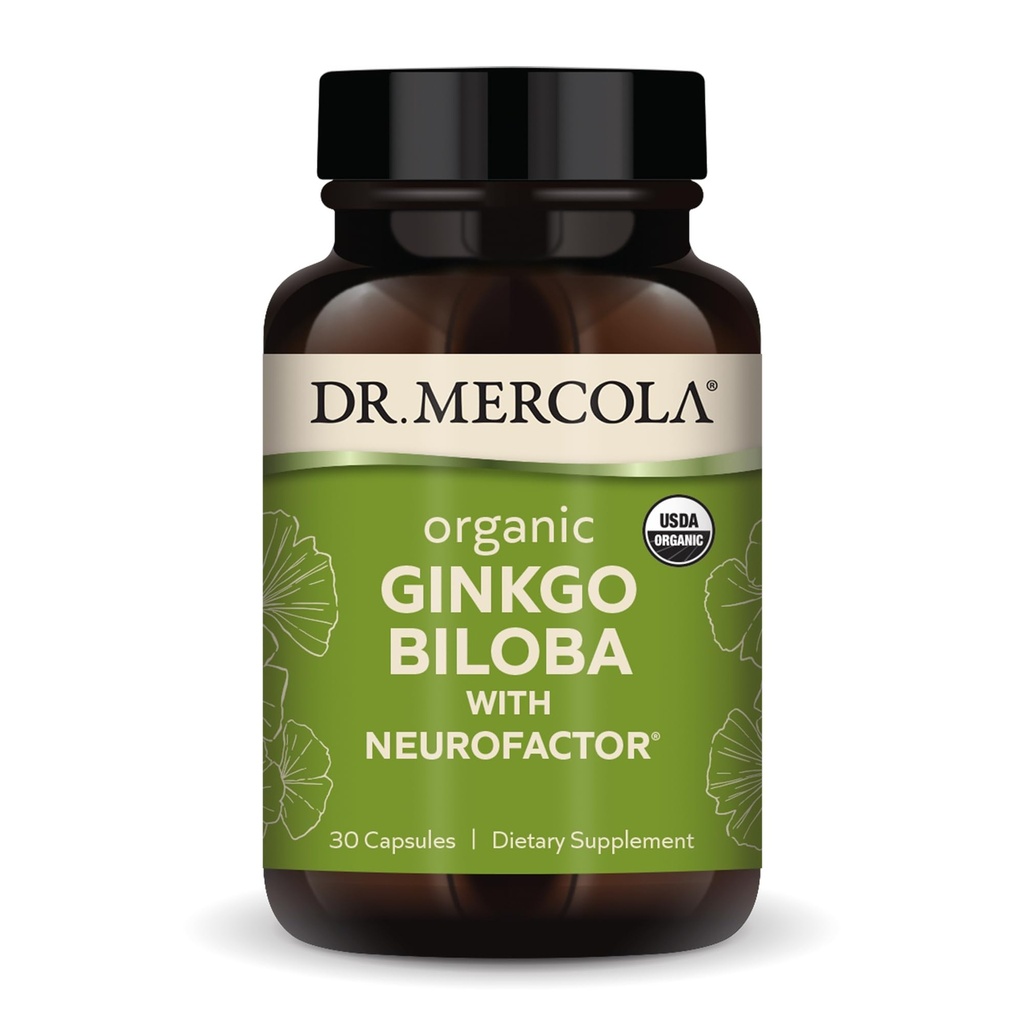 Dr. Mercola Organic Ginkgo Biloba med NeuroFactor - Støtter hjernens helse - Standardisert Ginkgo Leaf ekstrakt - Polyphenol-Rich kaffefrukt - 30 kapsler