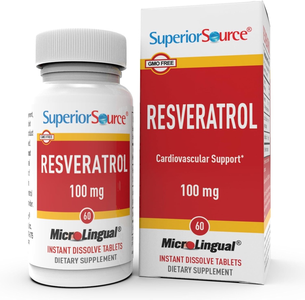 Superior Source Resveratrol 100 mg - Kosttilskudd for sunn aldring - Støtter hjerne og hjerte helse - Ikke-GMO & Glutenfri - 60 MicroLingual Instant-Dissolve Tabletter