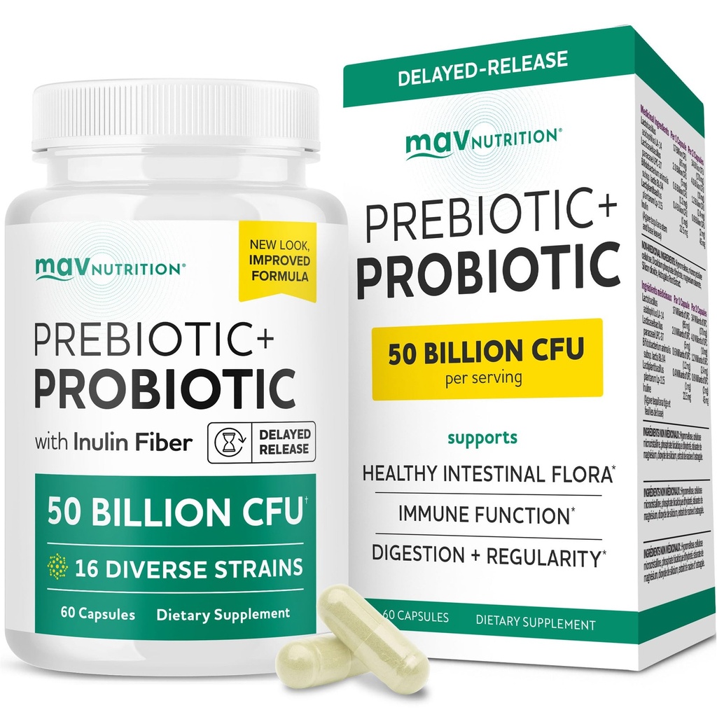 Prebiotika og probiotika for kvinner og menn | Pre og probiotika for Gut Helse & Bleating Relief | Synbiotika med 20 milliarder CFU Lactobacillus & Bifidobacterium | Shelf-Stable | Vegetarisk | 60 Ct.