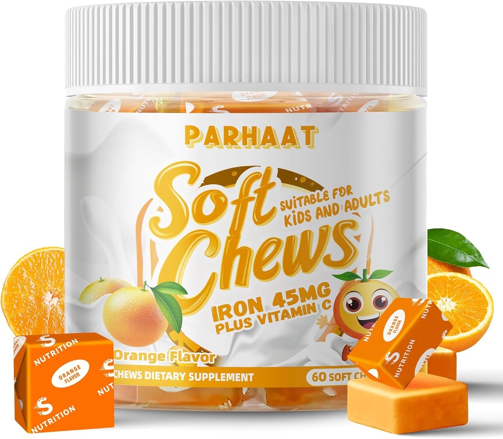 Jern myk Chew Supplement med vitamin C | Orange Flavored | Glutenfri | Jern Supplement for kvinner menn og barn | 60 greve | 2 måneds forsyning
