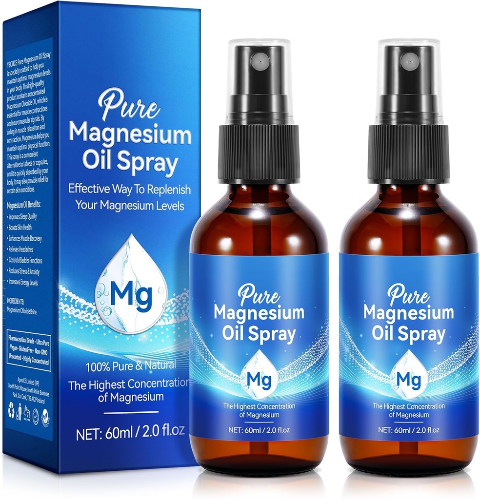 Magnesium Olje Spray, ren magnesiumolje for føtter, 100% naturlig og organisk magnesium Spray Glassflaske, lett å absorbere og bruk, Topisk Magnesiumolje (4 Fl Oz, pakke av 2)